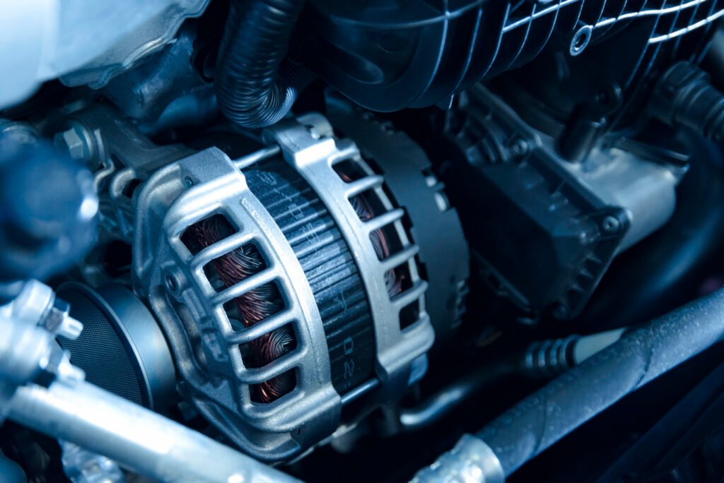 Alternateur de voiture en gros plan dans le compartiment moteur