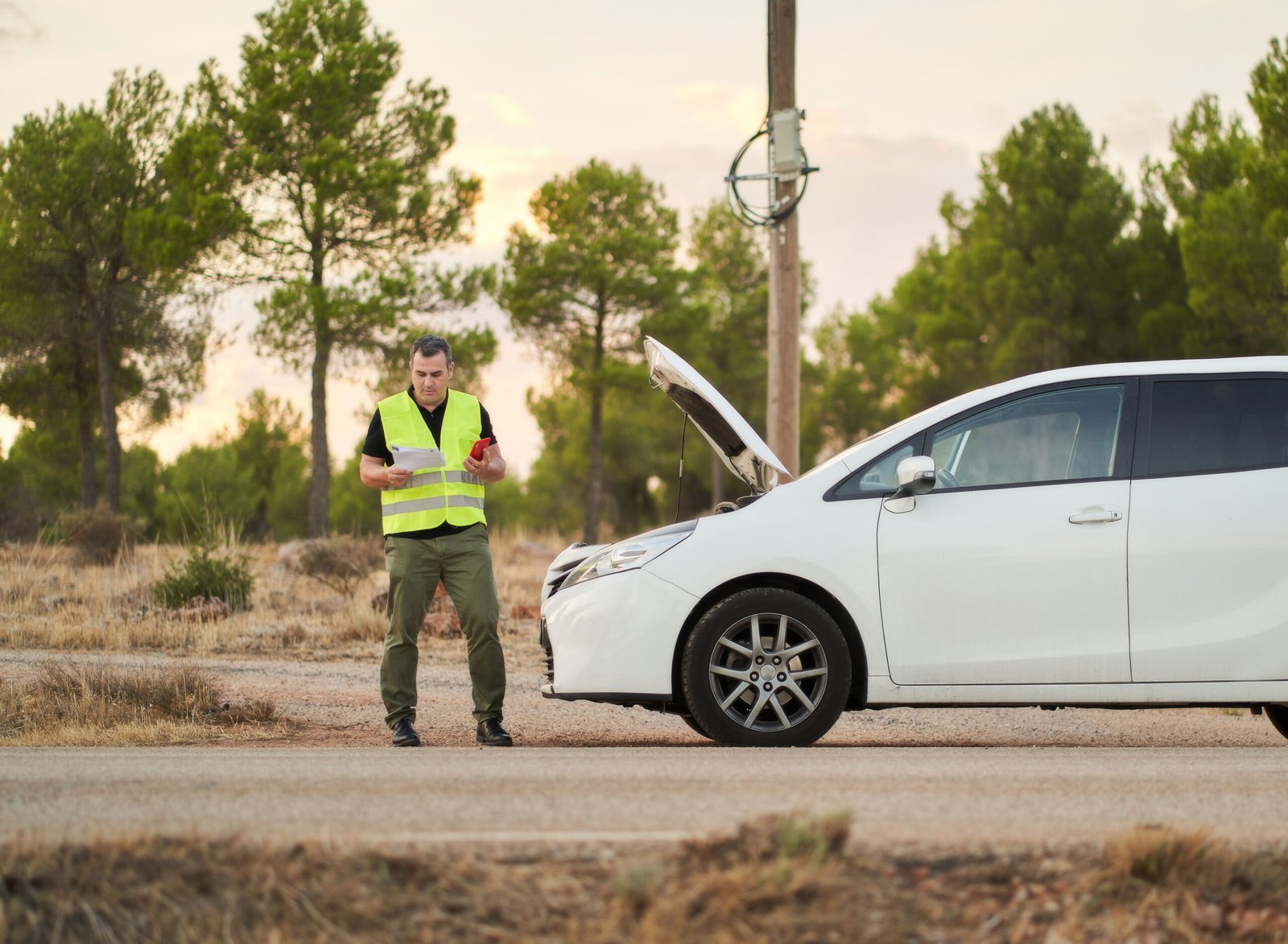 Conducteur lisant un document de constat près de sa voiture sur une route Conducteur lisant un document de constat près de sa voiture sur une route
