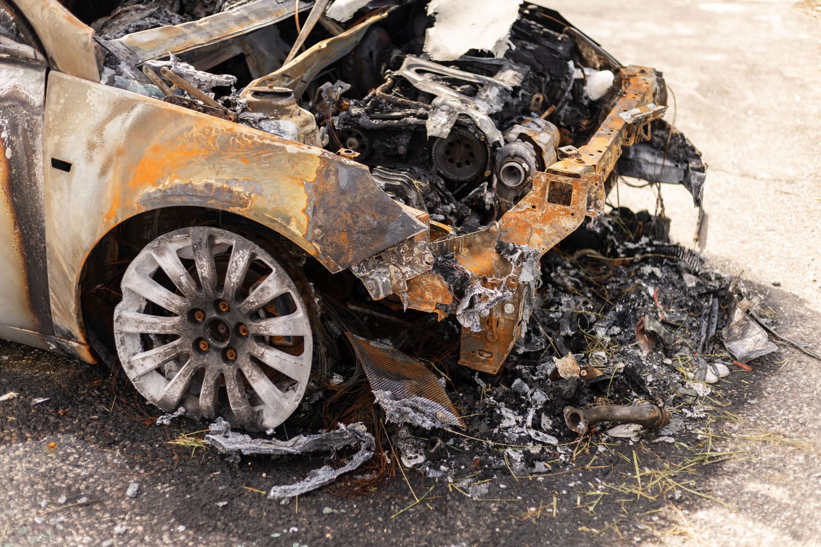 Carcasse de voiture incendiée stationnée dans un parking Carcasse de voiture incendiée stationnée dans un parking